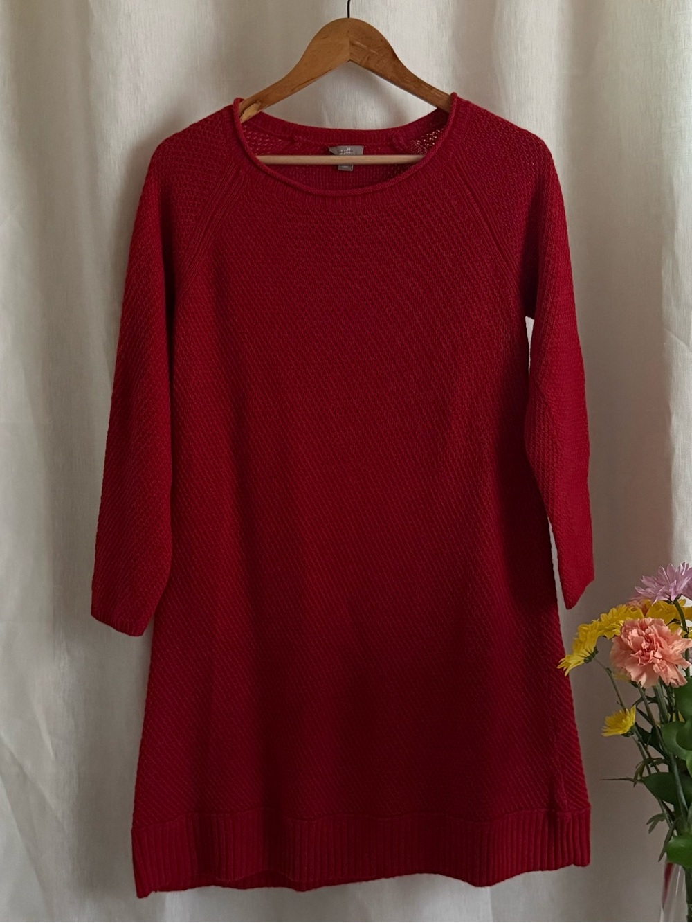 J Jill Wool Blend Waffle Knit Tunic Sweater Small Petite Berry Red A Line Long
